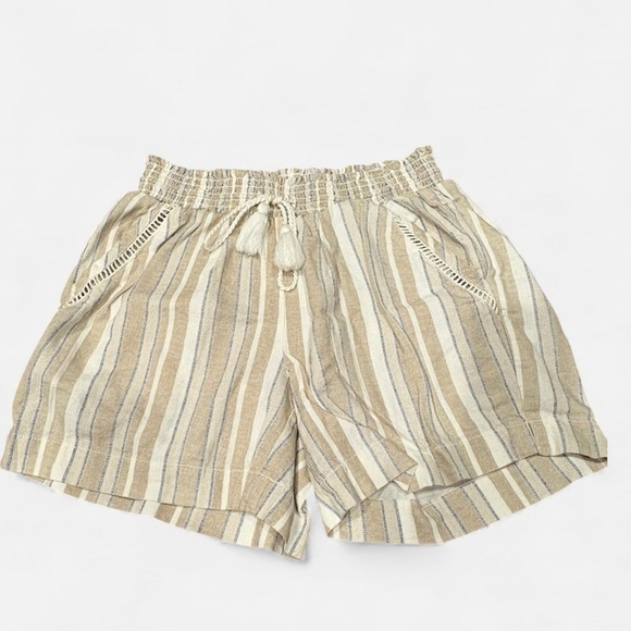 Briggs New York Pants - Briggs Linen Blend Striped Pull On Shorts Small Beige Tassel Drawstring